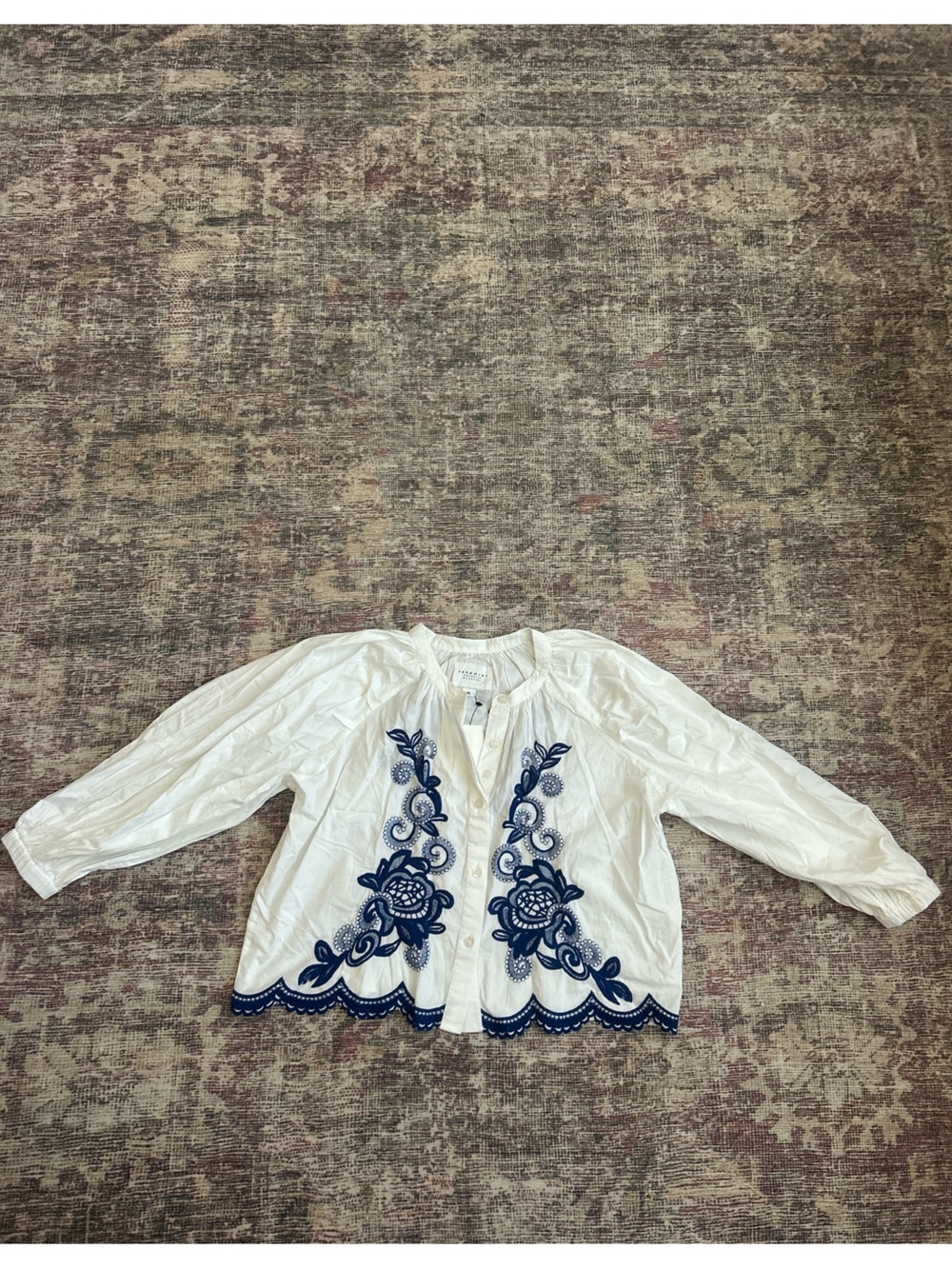 The Shirt by Rochelle Behrens White Button Front Blouse with Navy Embroidery